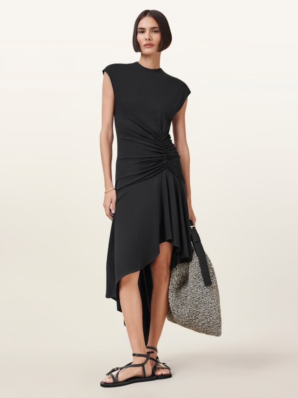 AllSaints All Saints Annalise Black Ruched Asymmetrical Midi Dress - Picture 1 of 1